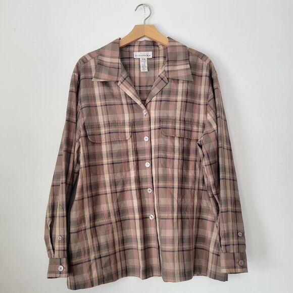 Evan Picone Tops - Evan Picone 100% Silk Button Front Plaid Shirt Top 16W Green Pink Long Sleeve Po
